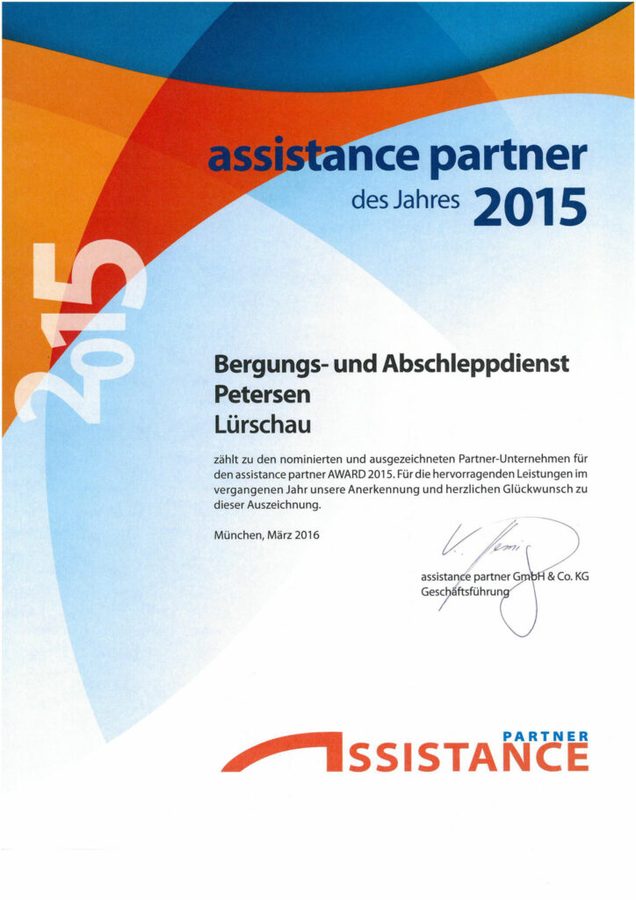 Auszeichnung Assistance Partner des Jahres 2015